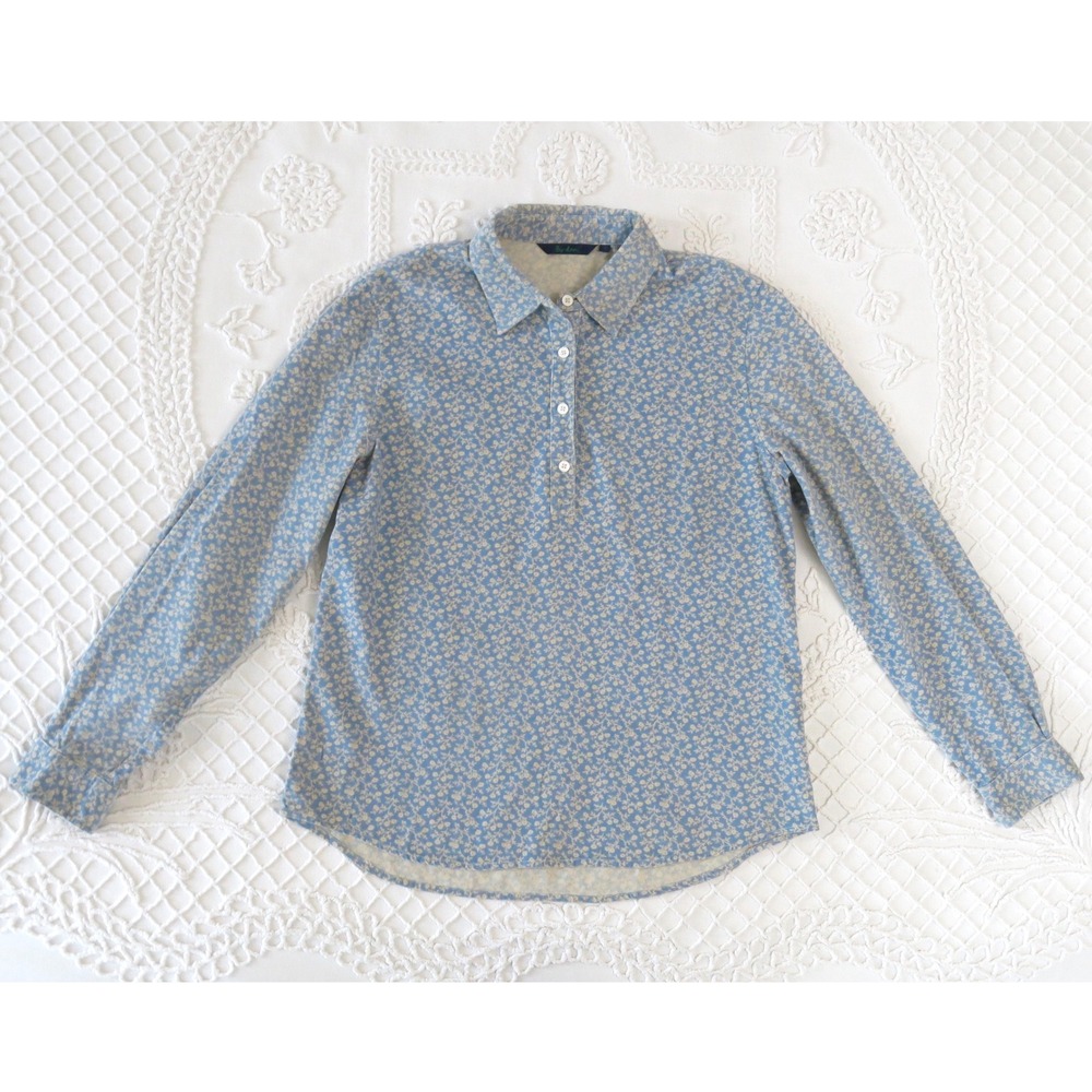 Boden Blue Floral Corduroy Pullover Shirt 12 Long Sleeve Henley Fine Wale Cotton